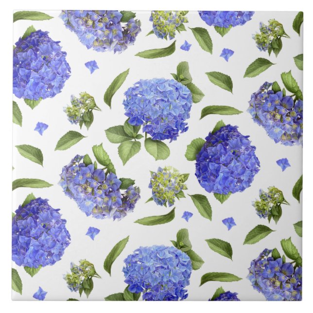Blaue Hortensienblüten Botanische Kunst  Fliese (Vorderseite)