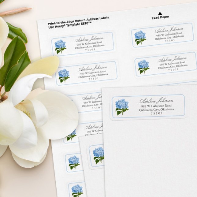 Blaue Hortensienblüten-Etikett mit individueller R (classic blue and white periwinkle hydrangea flower return address label sheets)