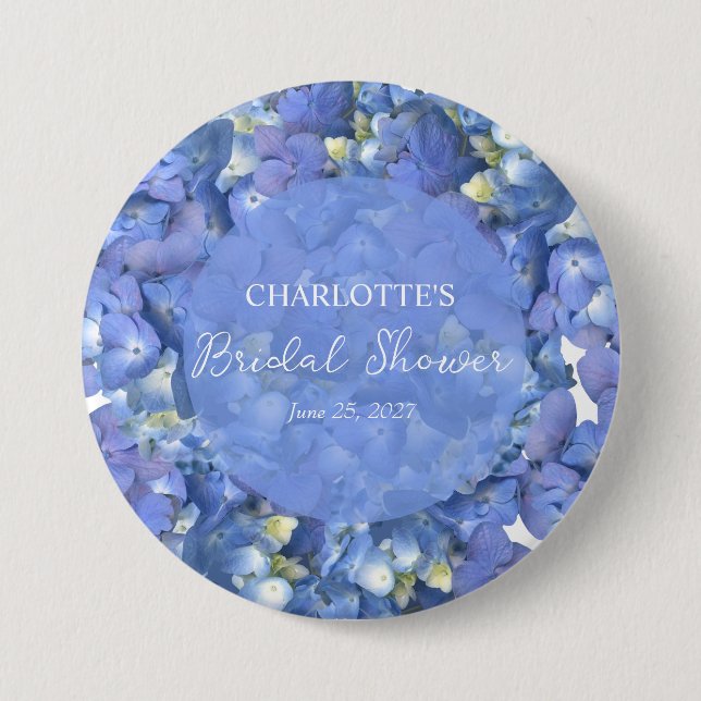 Blaue Hortensienblüten Personalisierte Brautparty Button (Vorderseite)