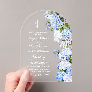 Blaue Hortensienbogen-Hochzeit Acryleinladungen