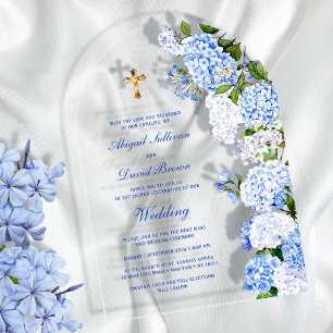 Blaue Hortensienbogen religiöse Hochzeit Acryleinladungen