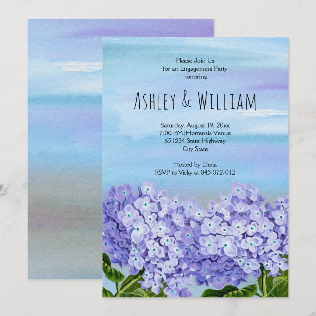 Blaue Hydrangea Aquarellfeier Einladung (Vorne/Hinten)