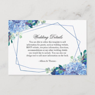 Blaue Hydrangea Eukalyptus Hochzeitskarte Begleitkarte