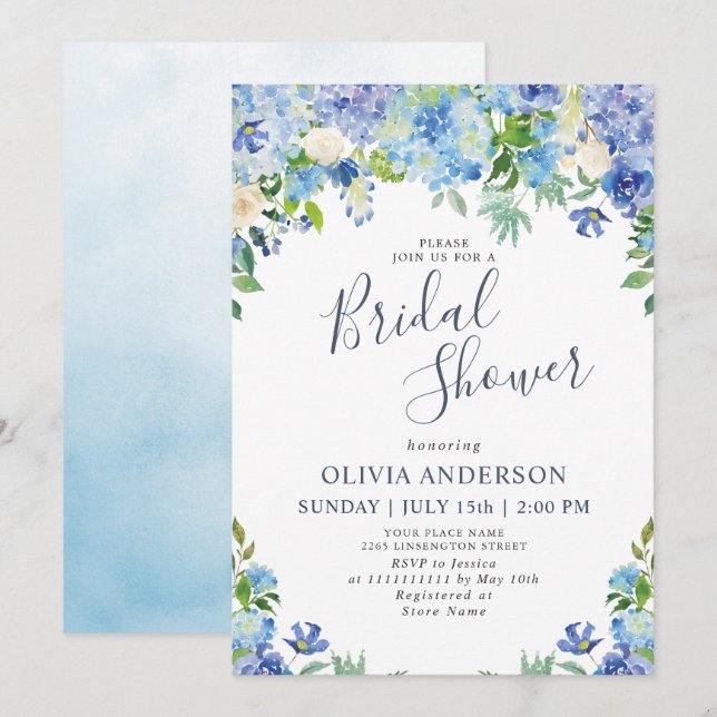 Blaue Hydrangea Grüne Wasserfarbe Brautparty Einladung (Vorne/Hinten)