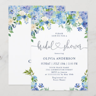 Blaue Hydrangea Grüne Wasserfarbe Brautparty Einladung