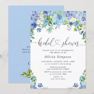 Blaue Hydrangea Grüne Wasserfarbe Brautparty Einladung