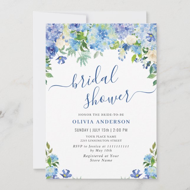 Blaue Hydrangea Grüne Wasserfarbe Brautparty Einladung (Vorderseite)