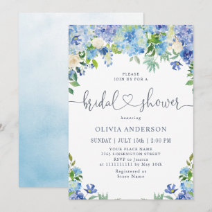 Blaue Hydrangea Grüne Wasserfarbe Brautparty Einladung