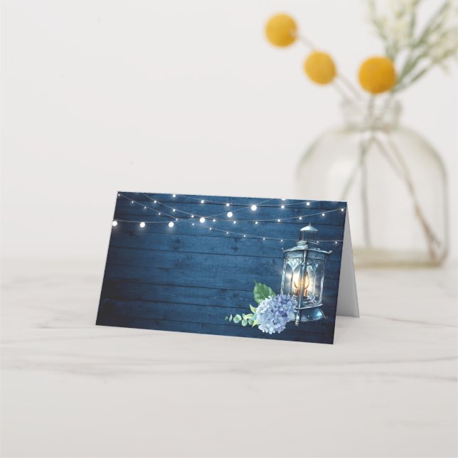 Blaue Hydrangea Lantern Navy Holz Hochzeitstisch Platzkarte (Vorderseite)