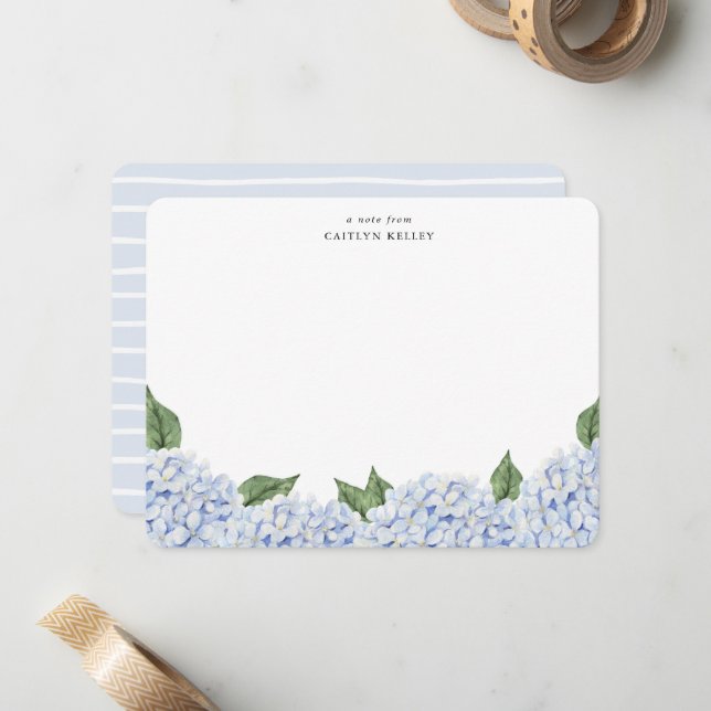 Blaue Hydrangea Wasserfarbengrenze mit Streifen Mitteilungskarte (Vorderseite/Rückseite Beispiel)