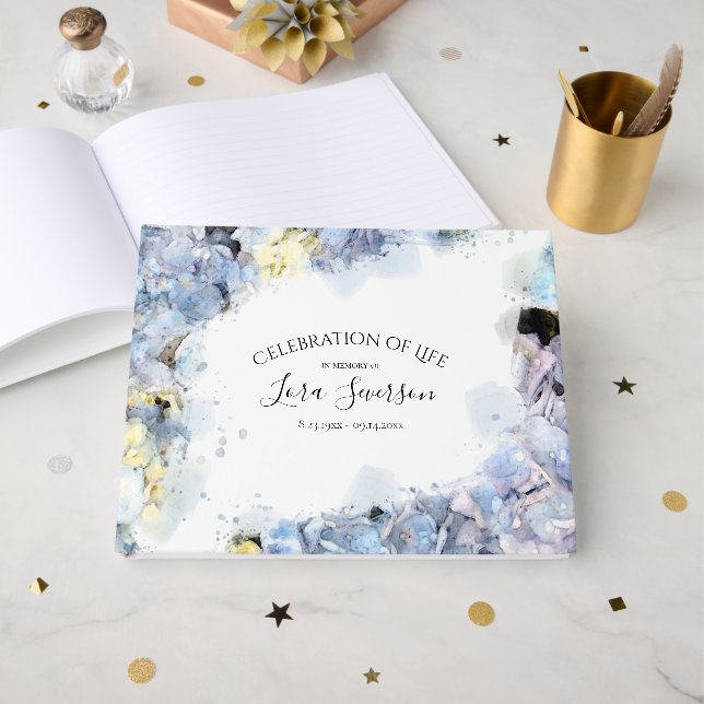 Blaue Hydrangeas-Feier zum Gedenken an das Leben Gästebuch (Vorderseite Offen)