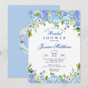 Blaue Hydrangeas Grüne Wasserfarbe Brautparty Einladung