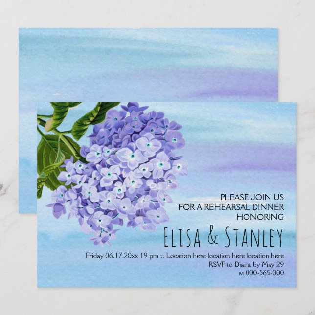 Blaue Hydrangeas Hochzeit Probe Dinner Einladung (Vorne/Hinten)