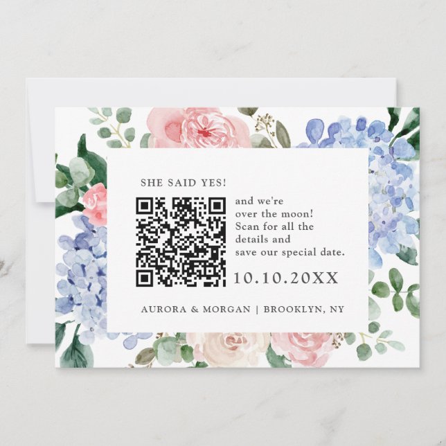 Blaue Hydrangeas Pastellrosa Foto QR-Code Save The Date (Vorderseite)
