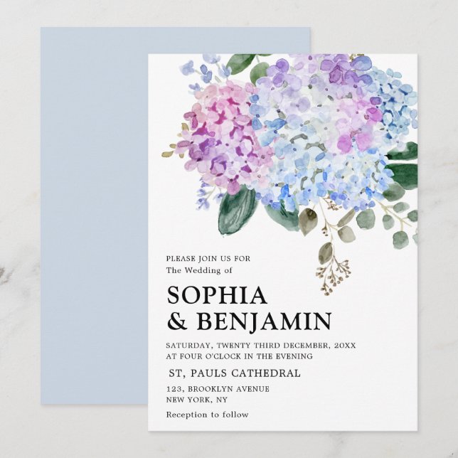 Blaue Hydrangeas Pastellrosa Rosen Hochzeit Einladung (Vorne/Hinten)