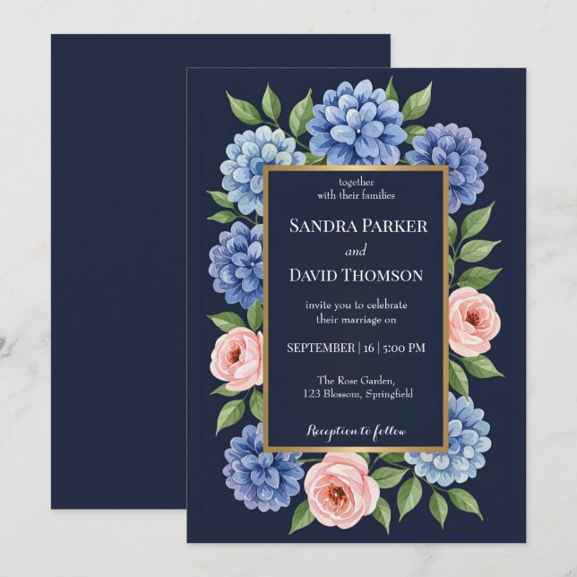 Blaue Hydrangeas Pastellrosa Rosen Hochzeit Einladung (Vorne/Hinten)