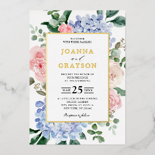 Blaue Hydrangeas Pastellrosa Rosen Hochzeit Folieneinladung