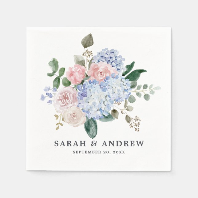 Blaue Hydrangeas Pastellrosa Rosen Hochzeit Serviette (Vorderseite)