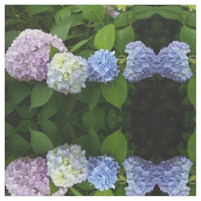 Blaue Hydrangeas, rosa Hydrangeas, lila Hydrangea Stoff (Nahaufnahme)