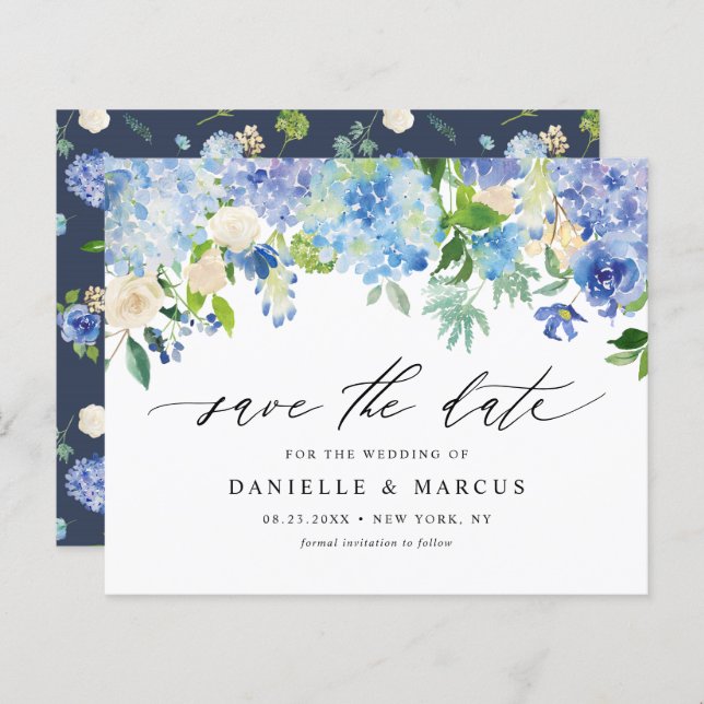 Blaue Hydrangeas und Elfenbein-Rose Save the Date (Vorne/Hinten)