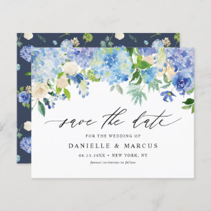 Blaue Hydrangeas und Elfenbein-Rose Save the Date