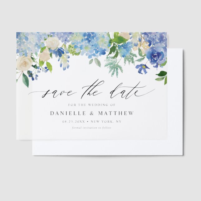 Blaue Hydrangeas und Elfenbein-Rose Save the Date (Versetzt)