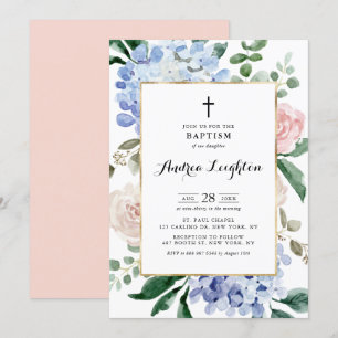 Blaue Hydrangeas und rosa Rosen Taufe Einladung