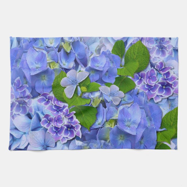 Blaue Hydrangeas und Schmetterlinge Geschirrtuch (Horizontal)