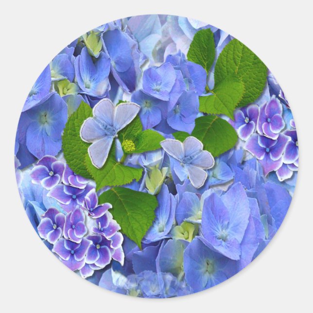 Blaue Hydrangeas und Schmetterlinge Runder Aufkleber (Vorderseite)