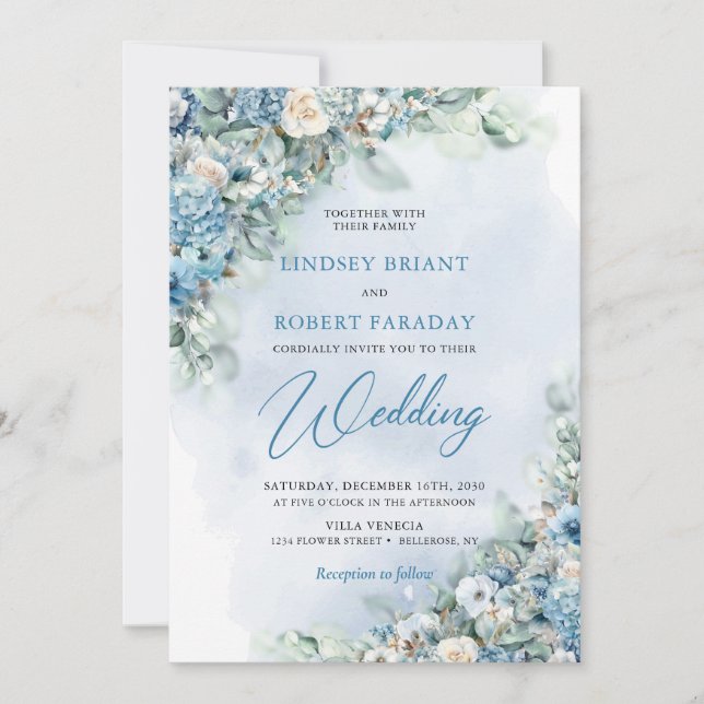 Blaue Hydrangee und creme Rose Eukalyptus Einladung (Vorderseite)