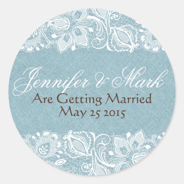 Blaue Imitate Leinen Burlap & White Floral Lace Runder Aufkleber (Vorderseite)