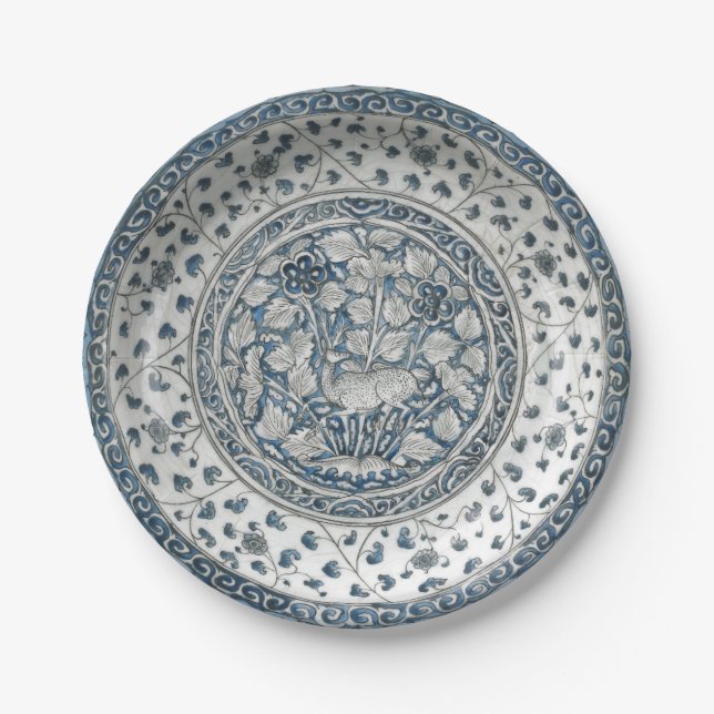 Blaue Imitate Porzellan Chinoiserie Hirsche Pappteller (Vorderseite)