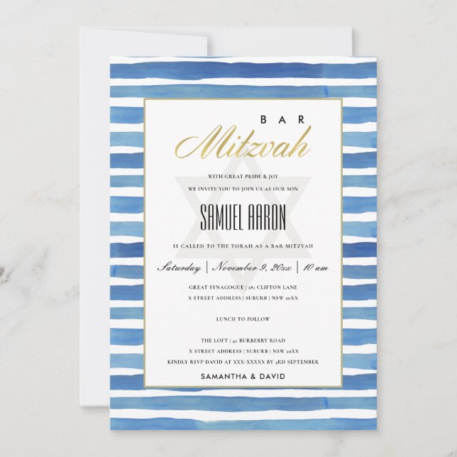 BLAUE INDIGO STRIPES PATTERN BAT BAR MITZVAH EINLA DANKESKARTE (Vorderseite)