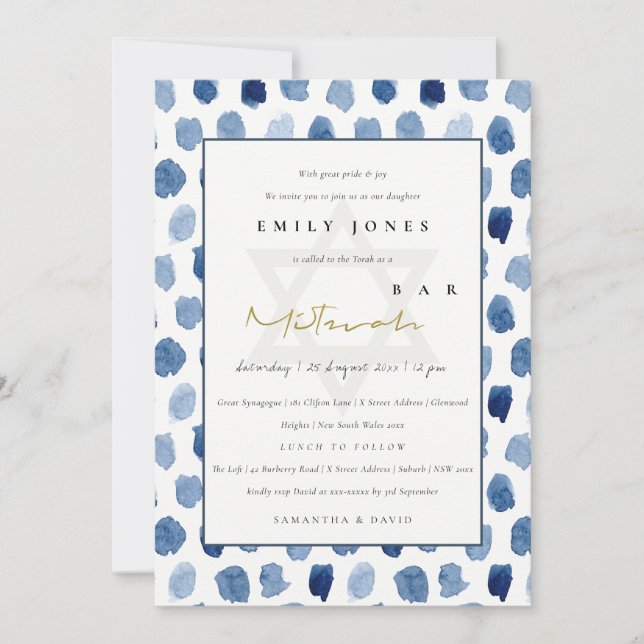 BLAUE INDIGO WATERCOLOR DOTS BAT BAR MITZVAH EINLA DANKESKARTE (Vorderseite)