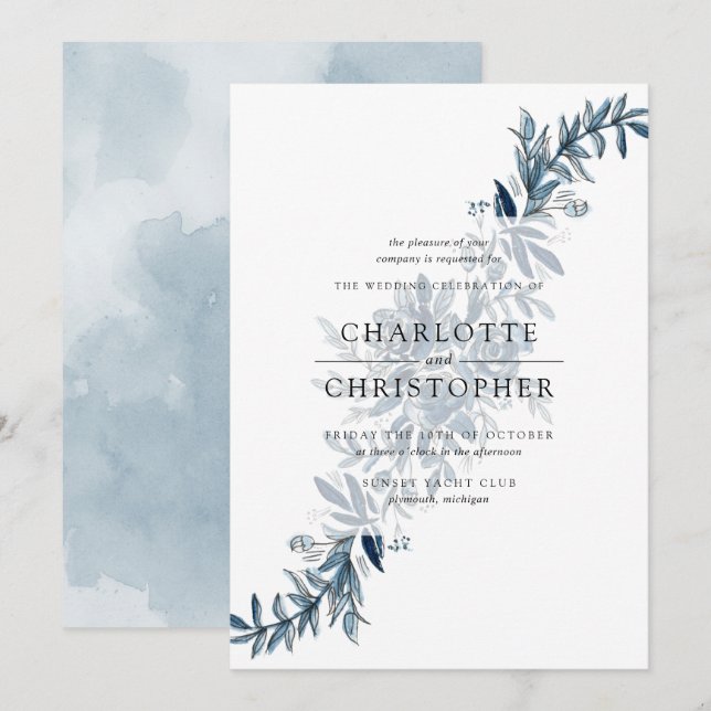 Blaue indigofarbene Blume Hochzeit Einladung (Vorne/Hinten)