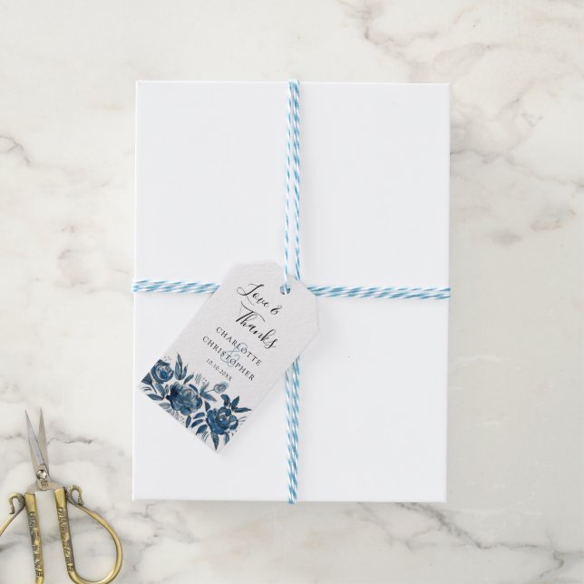 Blaue indigofarbene Blume Hochzeit Geschenkanhänger (Mit Garn)