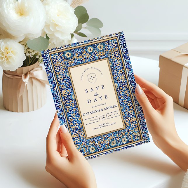 Blaue islamische Hochzeitsmosaik Save The Date (Von Creator hochgeladen)