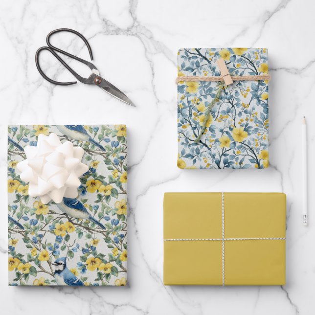 Blaue Jay Bird Branchen und Blüten Geschenkpapier Set (Vorderseite)