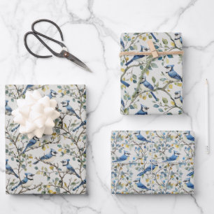 Blaue Jay Bird Branchen und Blüten Geschenkpapier Set