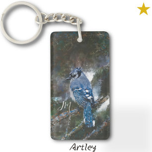 Blaue Jay Bird Painting Initials Vogelbeobachtung Schlüsselanhänger
