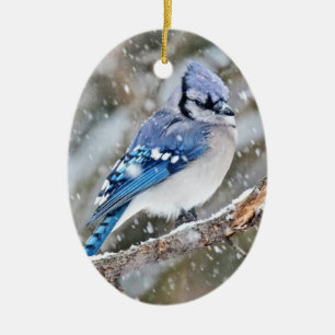 Blaue Jay im Schneesturm Keramik Ornament