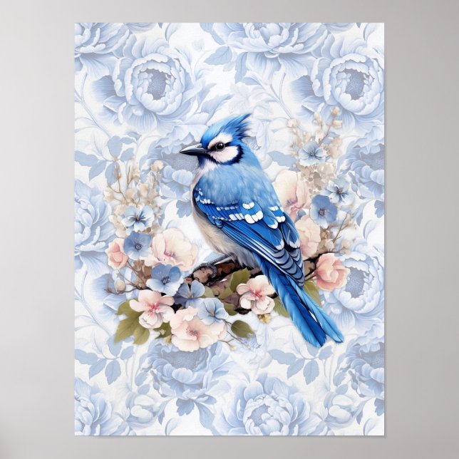 Blaue Jay mit Cornflower Blue und Blush Pink Flora Poster (Vorne)