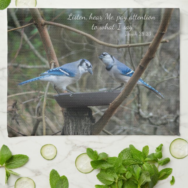 Blaue Jay mit Vers aus Isaiah hören Geschirrtuch (Gefaltet)
