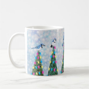 blaue Jay und Weihnachtsbäume Kaffeetasse