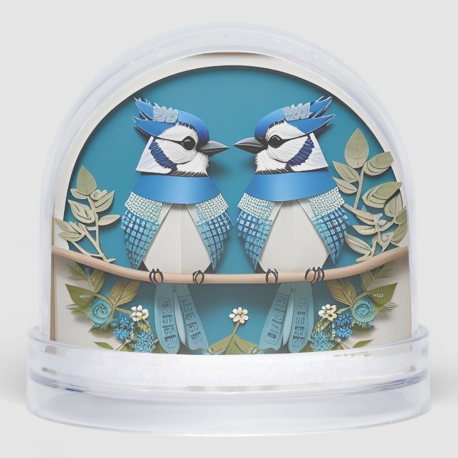 Blaue Jay unter Blumendetails Schneekugeln (Vorderseite)