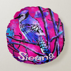 Blaue Jay-Vogelbaumzweig Rosa Personalisiert  Rundes Kissen