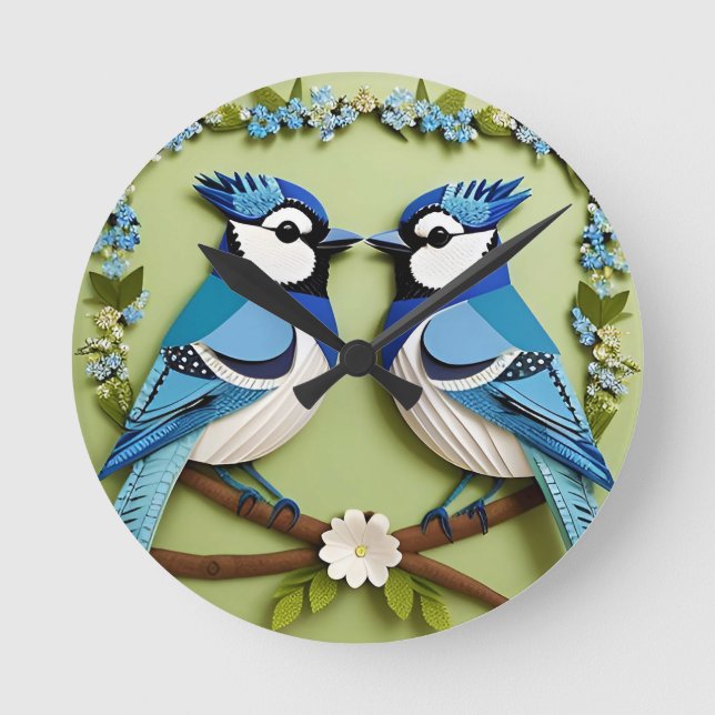 Blaue Jay Vogelpapier Art Runde Wanduhr (Vorderseite)