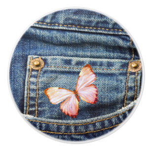 Blaue Jeans-Denim-Blick und hübscher Schmetterlin Keramikknauf