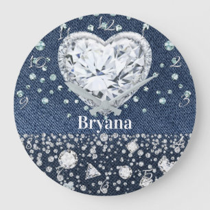 Blaue Jeans Denim & Diamanten Glitzer Diamant Herz Große Wanduhr