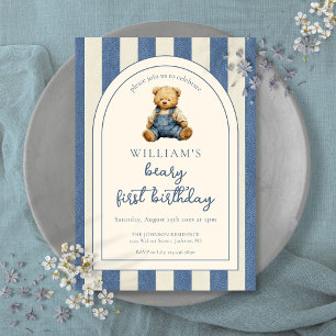 Blaue Jeans-Denim-Teddybär 1. Geburtstag Einladung